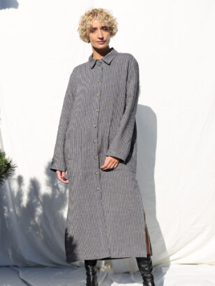 Grey stripes long sleeves linen shirt dress - coat with side slits | Dress | Sustainable clothing | OffOn clothing