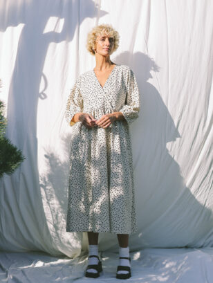 Ivory Floral Cotton V-Neck Puffy Sleeves Dress | Dress | Sustainable clothing | OffOn clothing