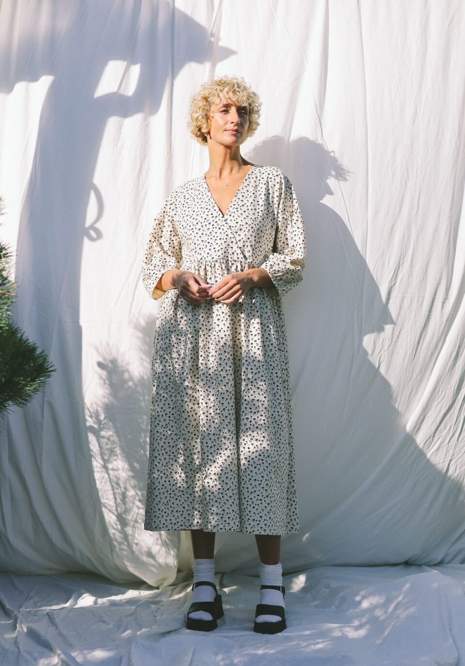 Ivory Floral Cotton V-Neck Puffy Sleeves Dress | Dress | Sustainable clothing | OffOn clothing