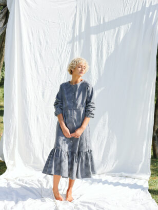 Long sleeve seersucker checks dress with ruffled hem | Dress | Sustainable clothing | OffOn clothing