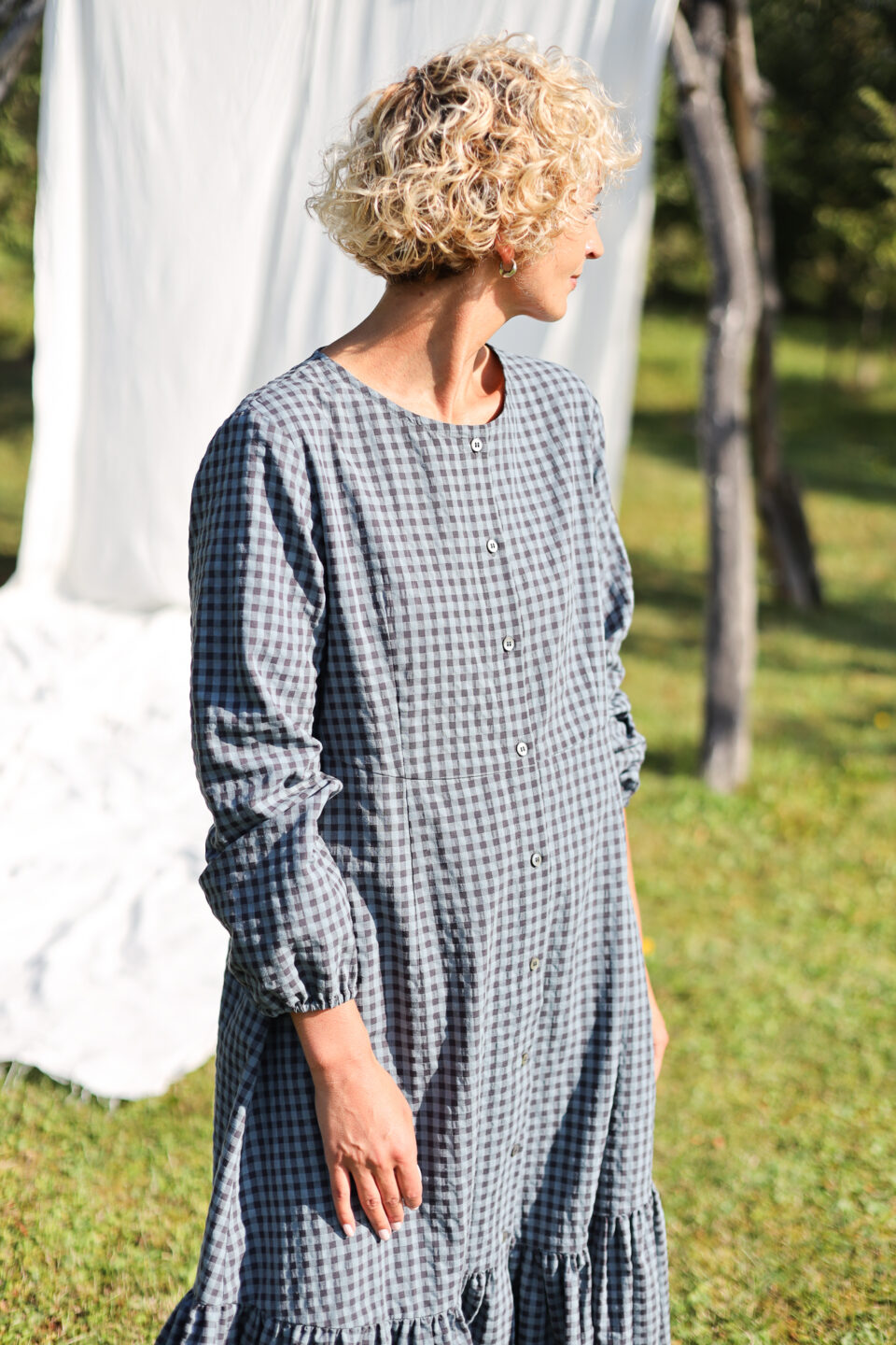 Long sleeve seersucker checks dress with ruffled hem