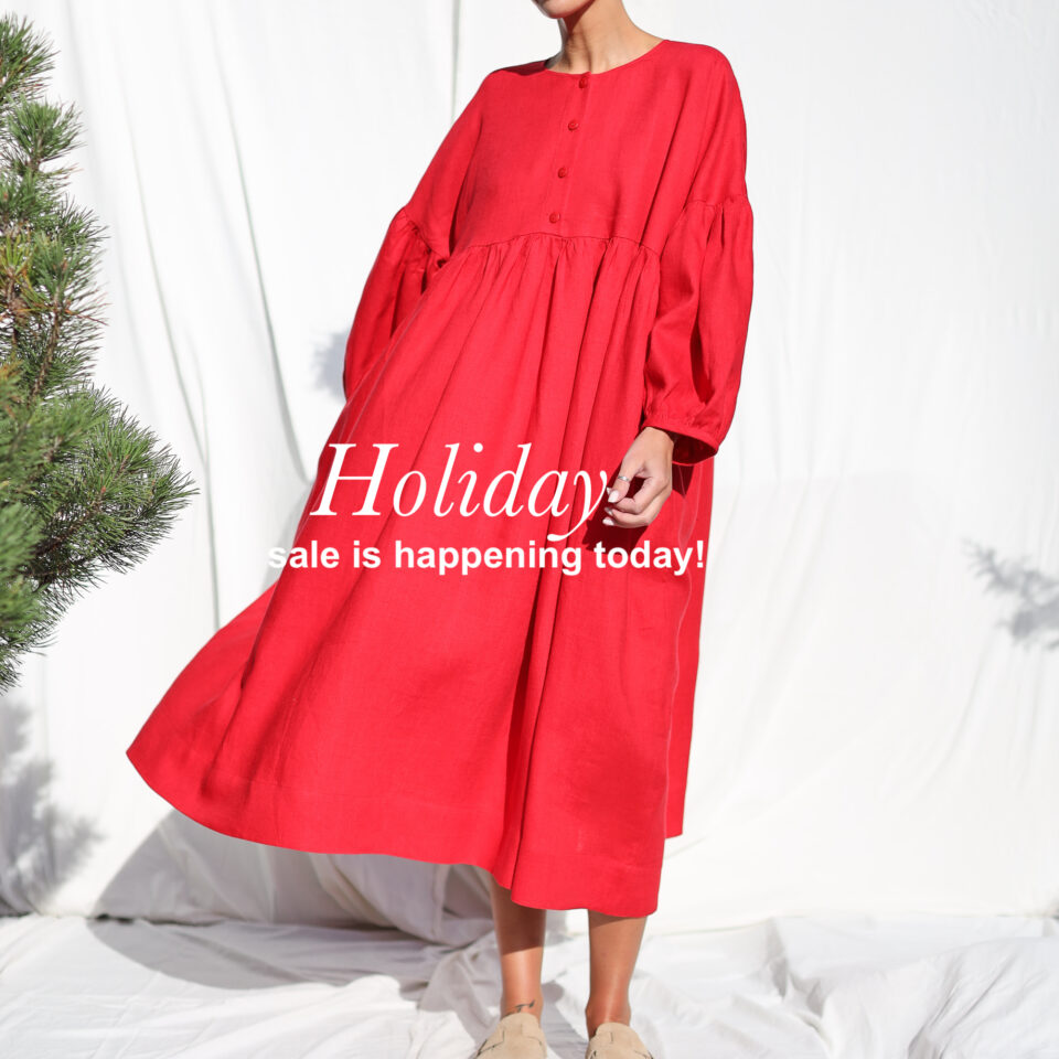 Red linen oversized voluminous sleeves dress GRETA