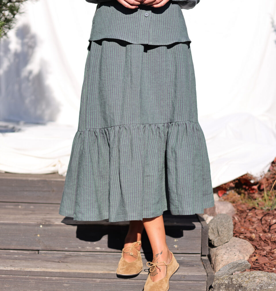 Elasticated waist striped linen frill skirt | Skirt | Sustainable clothing | OffOn clothing