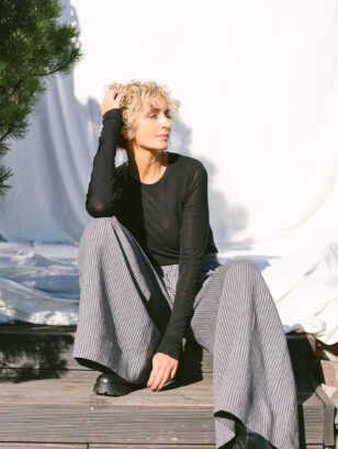 Striped linen palazzo elasticated waist pants | Trousers | Sustainable clothing | OffOn clothing