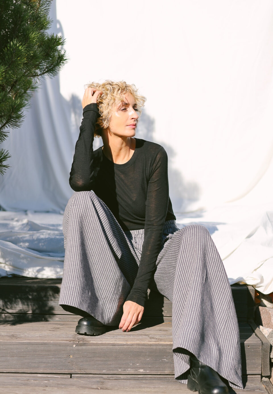 Striped linen palazzo elasticated waist pants | Trousers | Sustainable clothing | OffOn clothing