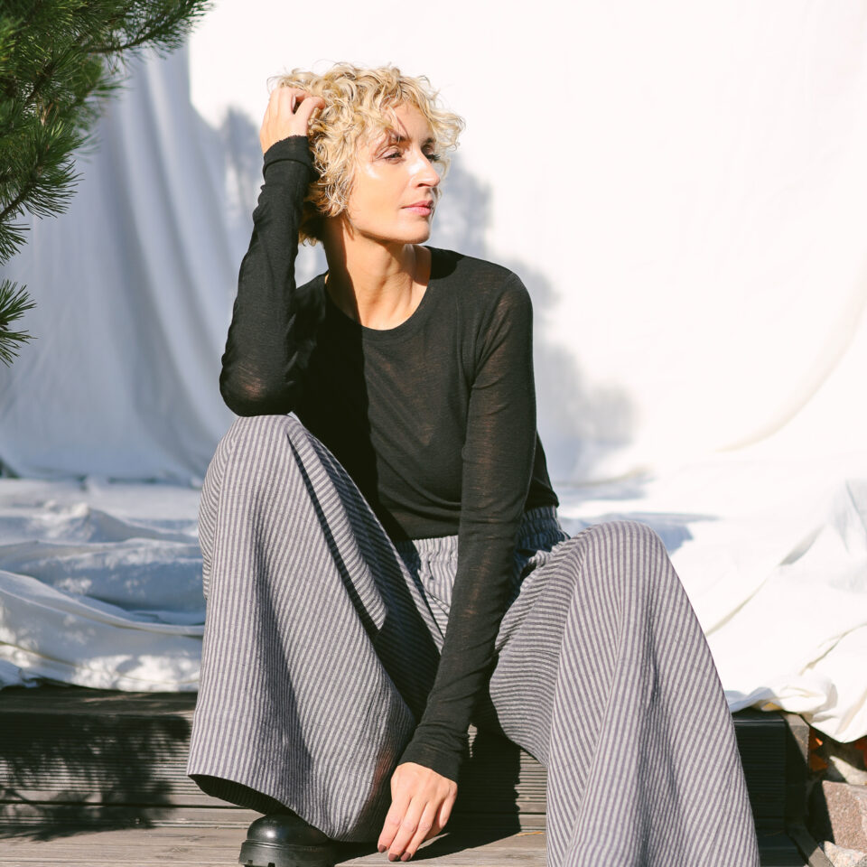 Striped linen palazzo elasticated waist pants | Trousers | Sustainable clothing | OffOn clothing