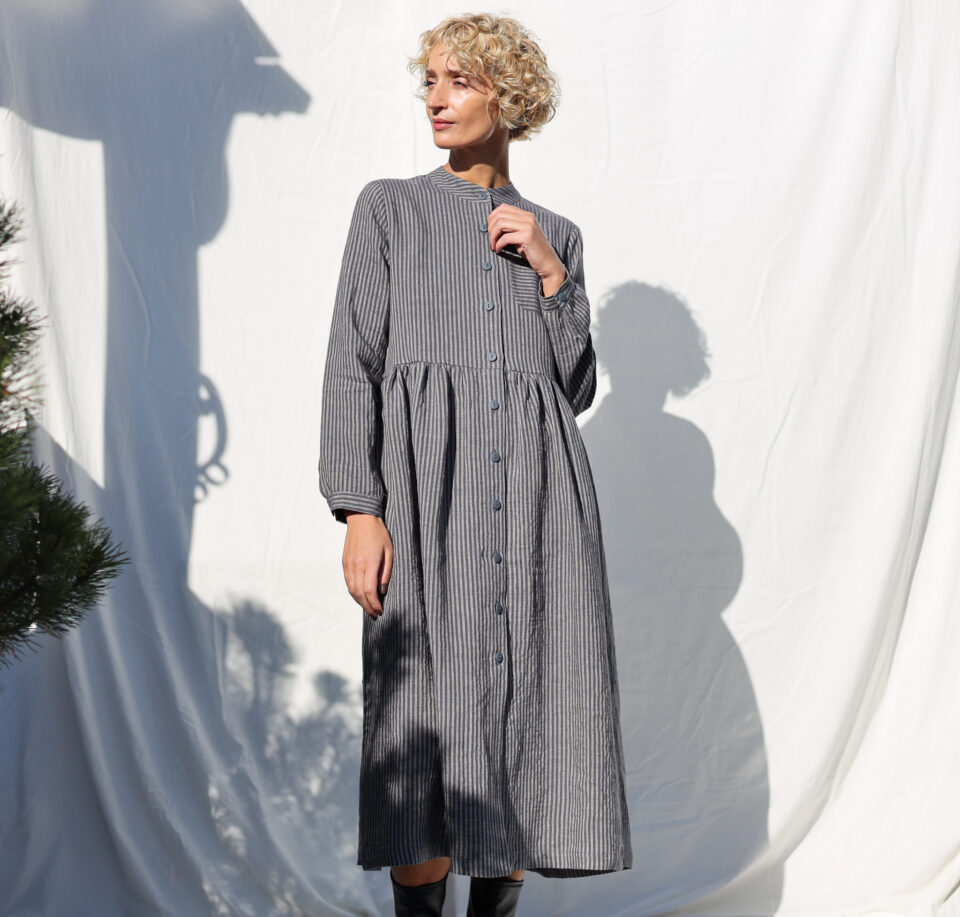 Striped linen grandad collar button through shirtdress CORA | Dress | Sustainable clothing | OffOn clothing