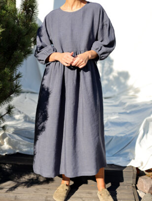 Puffy sleeves linen dress PERLA in Jeans Blue and Graphite stripes | Dress | Sustainable clothing | OffOn clothing