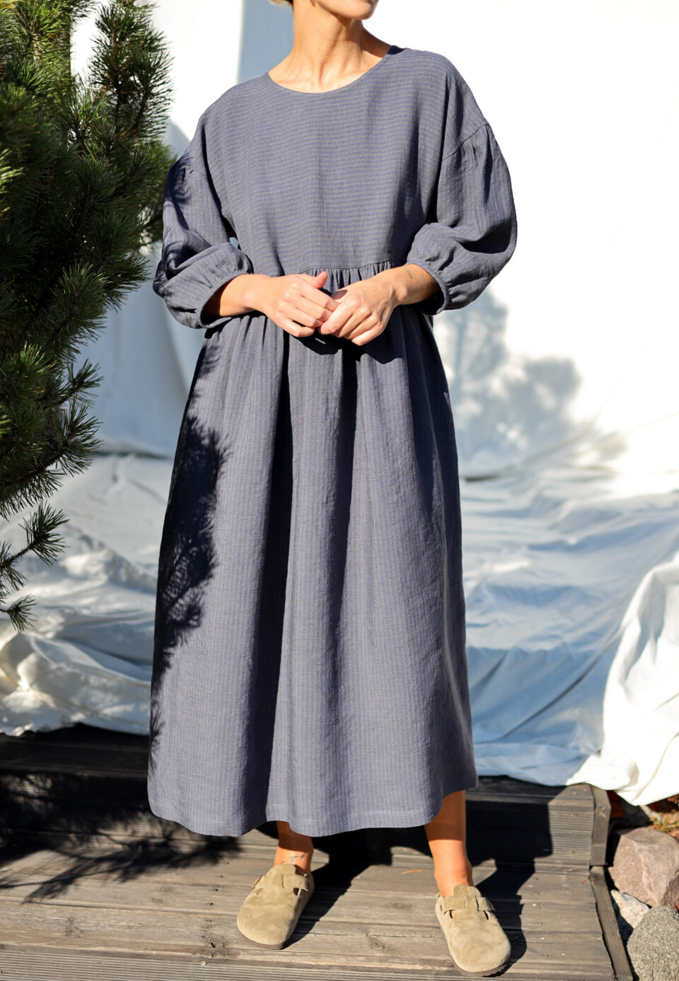 Puffy sleeves linen dress PERLA in Jeans Blue and Graphite stripes | Dress | Sustainable clothing | OffOn clothing