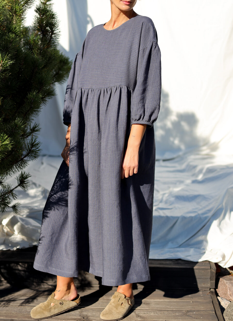 Puffy sleeves linen dress PERLA in Jeans Blue and Graphite stripes