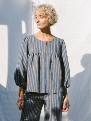 Puffy Sleeve Blouse In Striped Exclusive Jacquard Linen | Blouse | Sustainable clothing | OffOn clothing