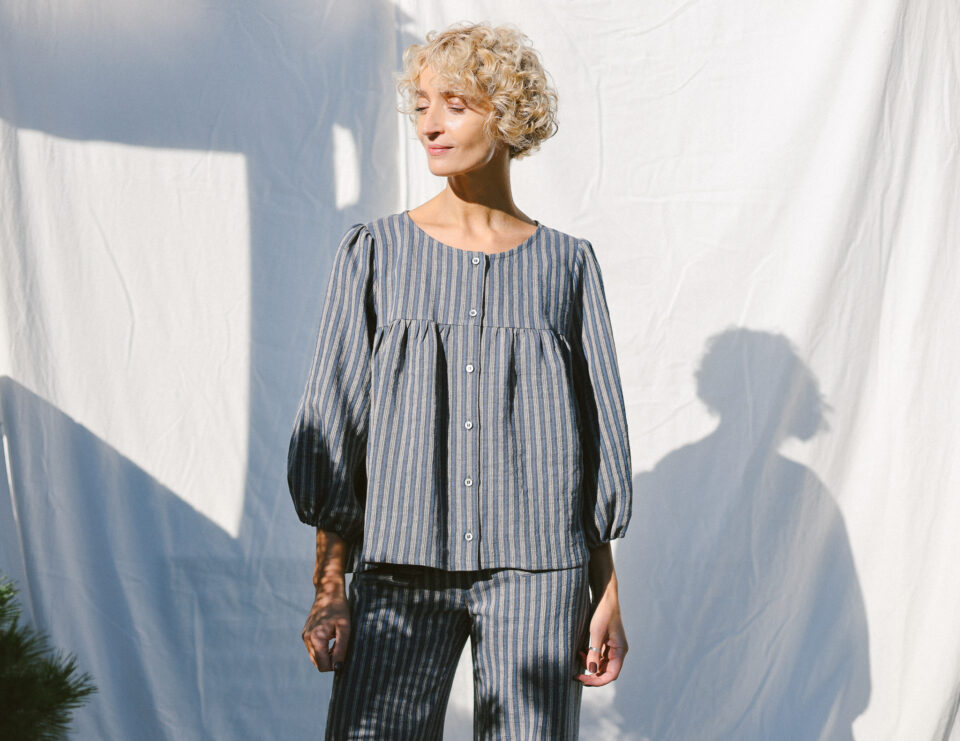 Puffy Sleeve Blouse In Striped Exclusive Jacquard Linen | Blouse | Sustainable clothing | OffOn clothing