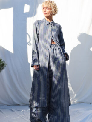 Oversized long sleeves jacquard striped linen shirt dress | Dress | Sustainable clothing | OffOn clothing