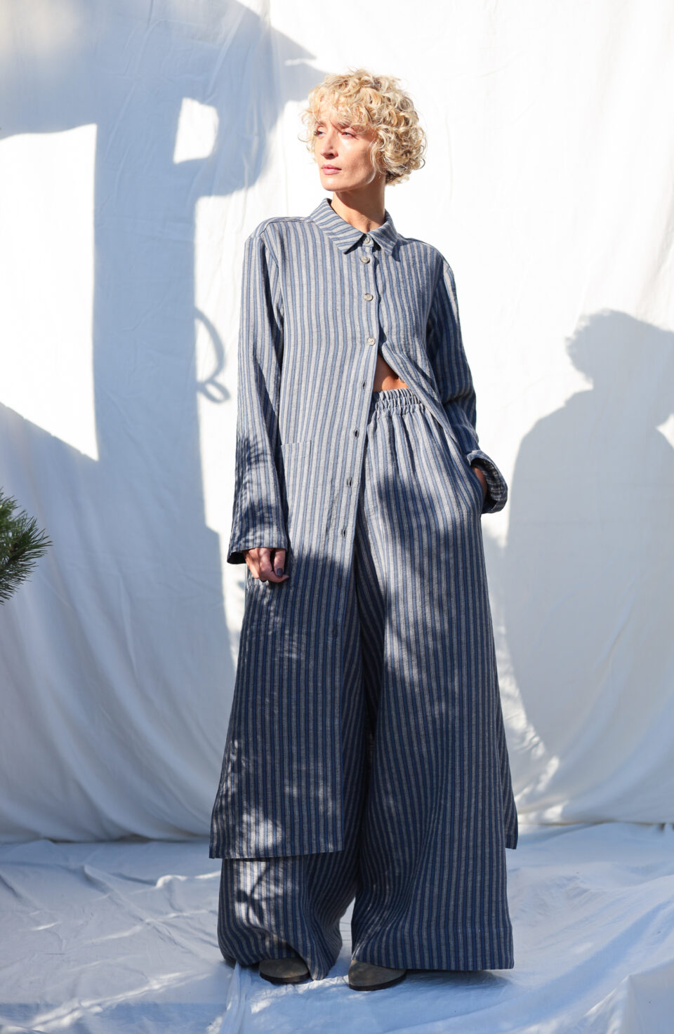 Oversized long sleeves jacquard striped linen shirt dress | Dress | Sustainable clothing | OffOn clothing