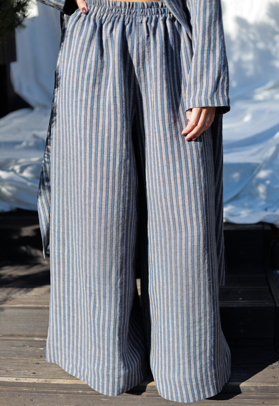 Palazzo elasticated waist pants in exclusive jacquard striped linen | Dress | Sustainable clothing | OffOn clothing