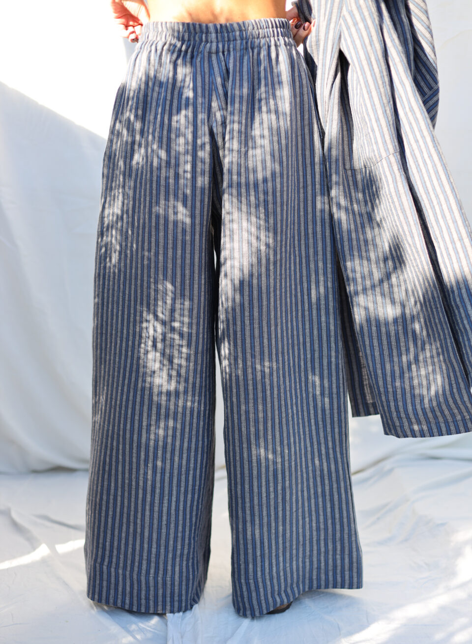 Palazzo elasticated waist pants in exclusive jacquard striped linen | Dress | Sustainable clothing | OffOn clothing