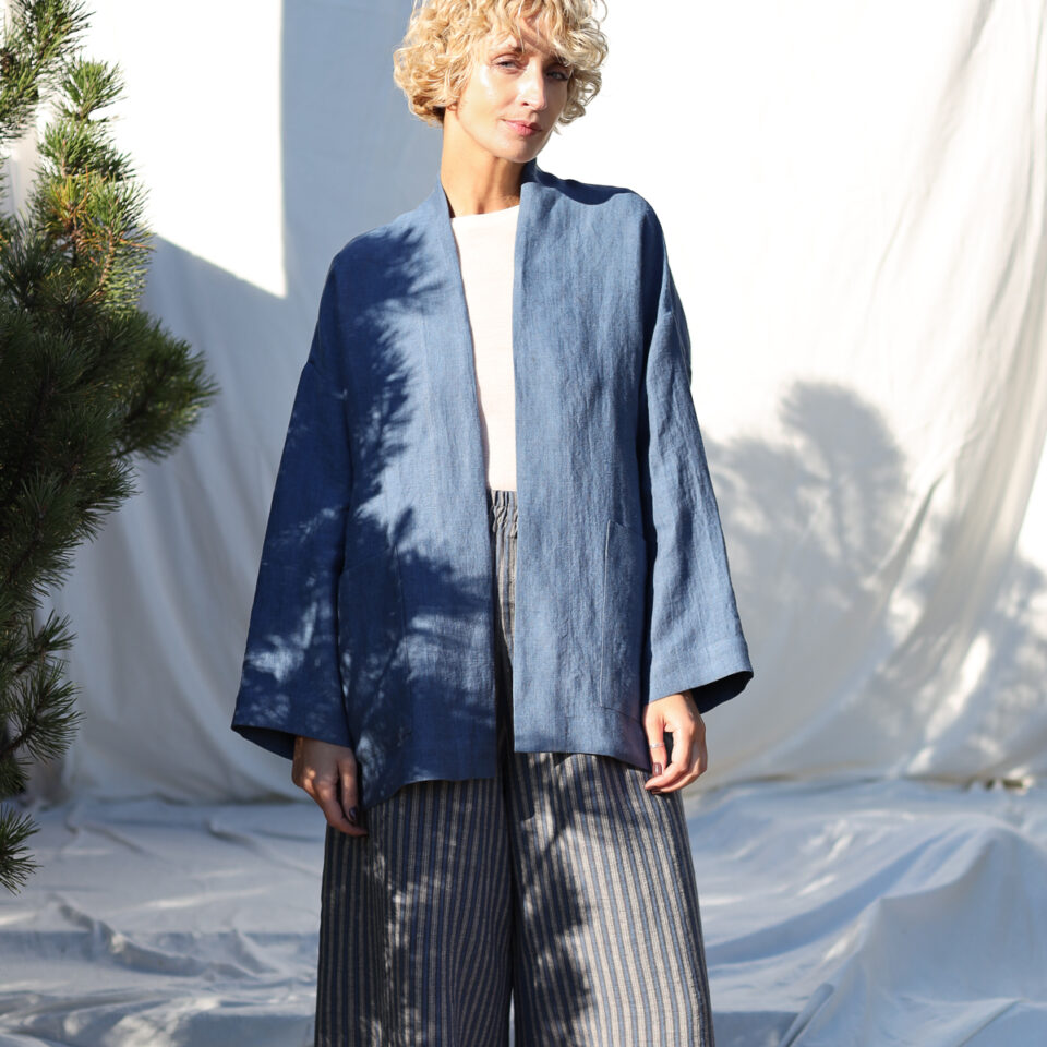 Heavy linen graphite blue kimono style jacket | Jackets | Sustainable clothing | OffOn clothing