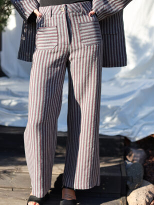 Vintage cut exclusive jacquard linen trousers in burgundy stripes | Trousers | Sustainable clothing | OffOn clothing