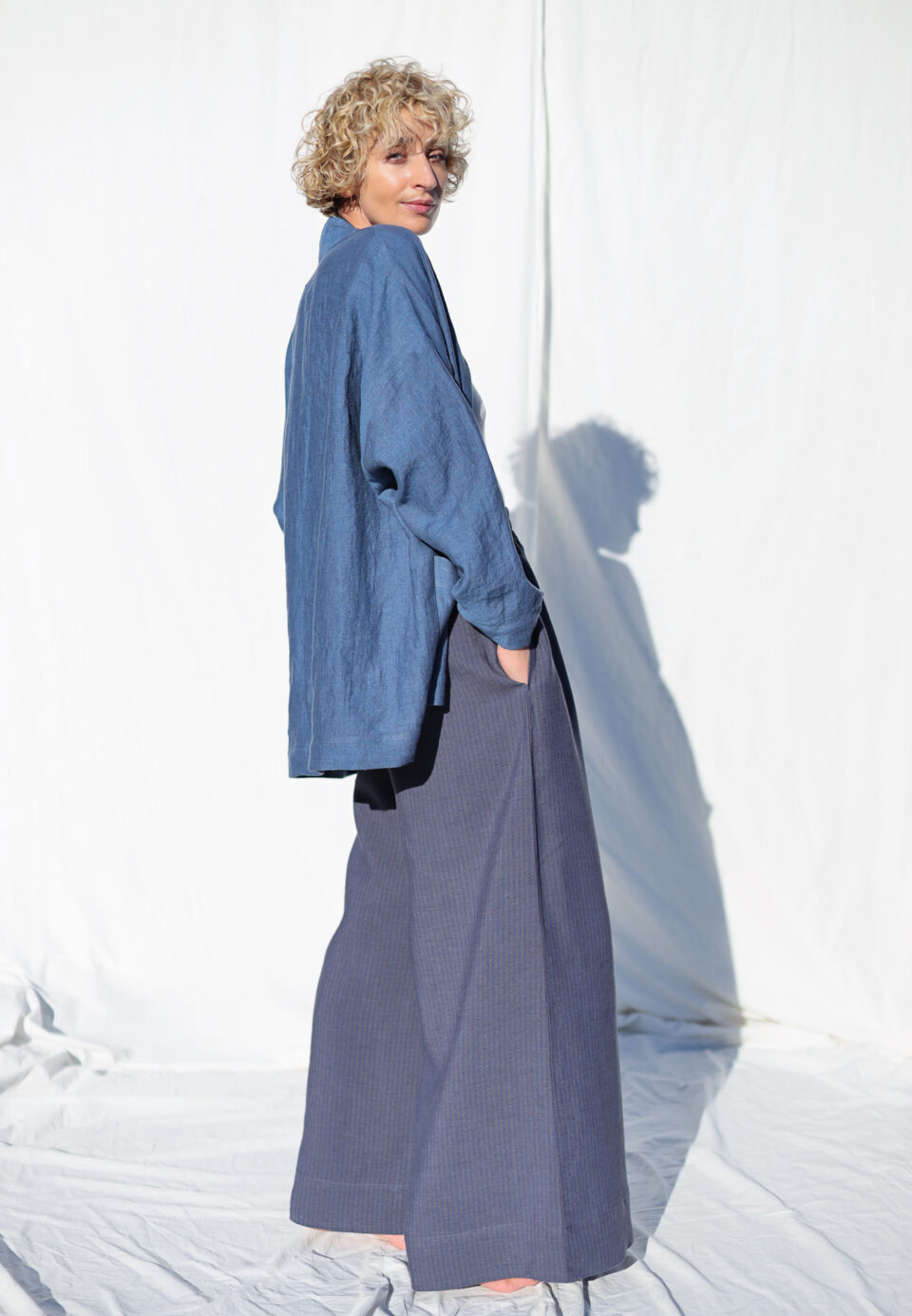 Palazzo elasticated waist pants in Jeans Blue and Graphite striped linen | Dress | Sustainable clothing | OffOn clothing