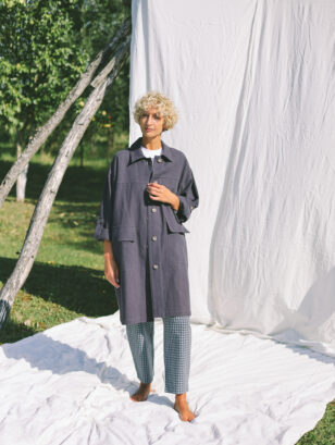 Navy blue heavy linen Midi length coat with patch pockets