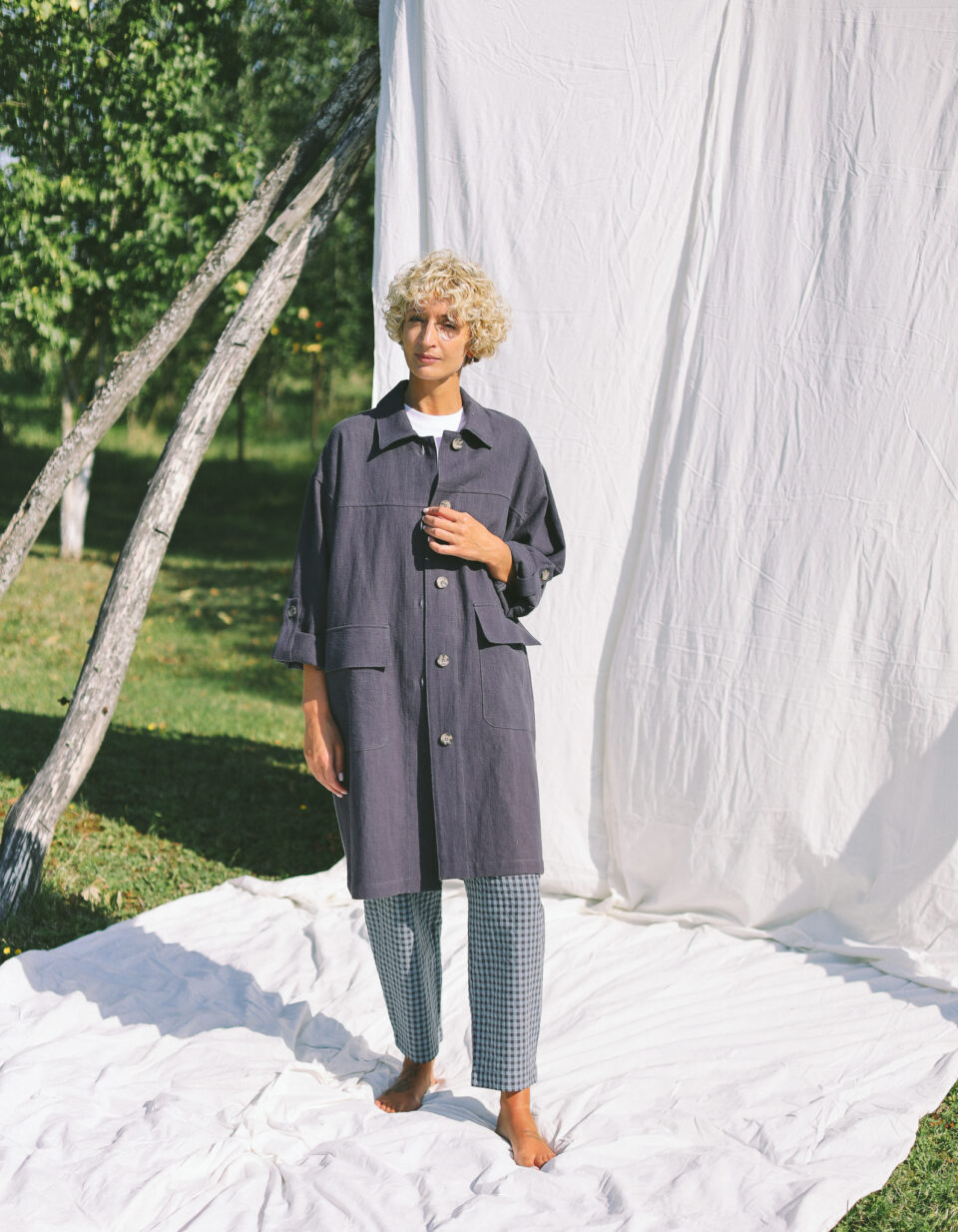 Navy blue heavy linen Midi length coat with patch pockets