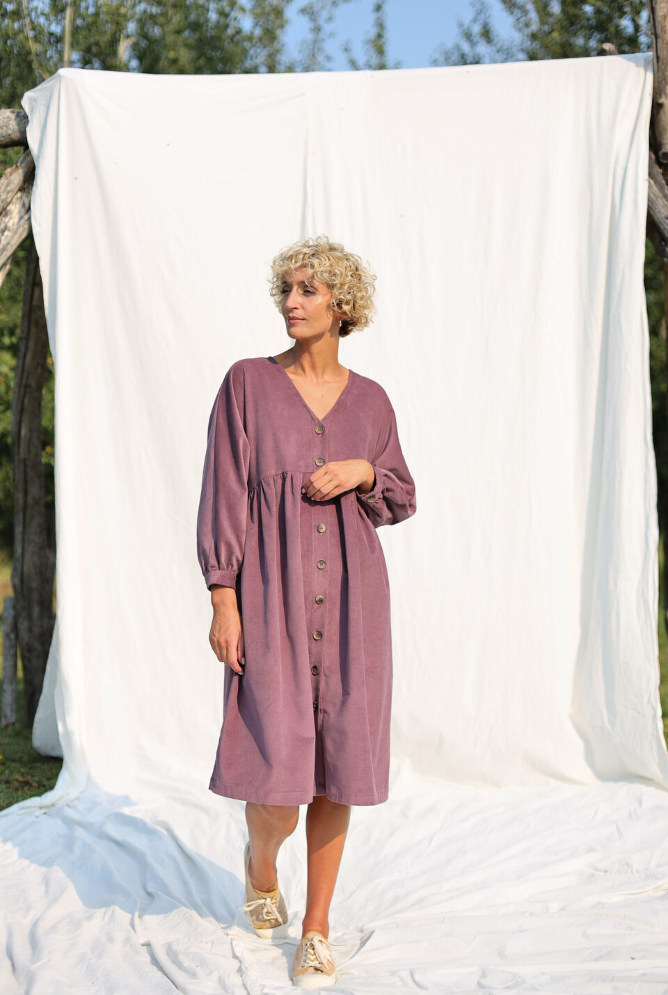 V-neck button through needlecord dress | Dress | Sustainable clothing | OffOn clothing