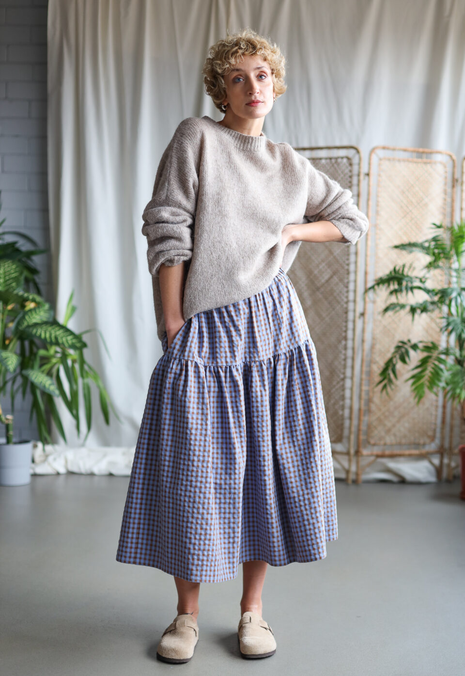 Seersucker check elasticated waist Midi skirt | Skirt | Sustainable clothing | OffOn clothing