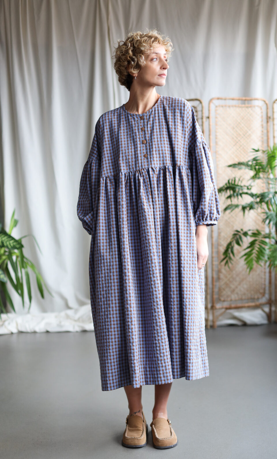 Blue bonnet seersucker checks oversized dress GRETA | Dress | Sustainable clothing | OffOn clothing