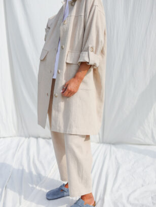 Beige heavy linen Midi length coat with patch pockets | Jackets | Sustainable clothing | OffOn clothing