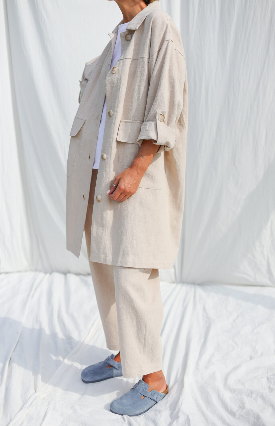 Beige heavy linen Midi length coat with patch pockets | Jackets | Sustainable clothing | OffOn clothing