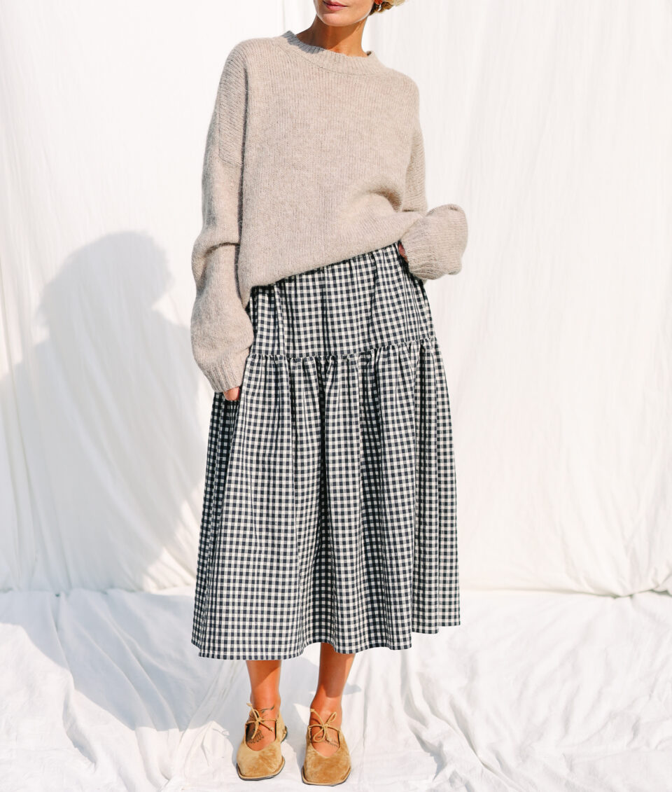 Elasticated waist tiered seersucker gingham skirt | Skirt | Sustainable clothing | OffOn clothing