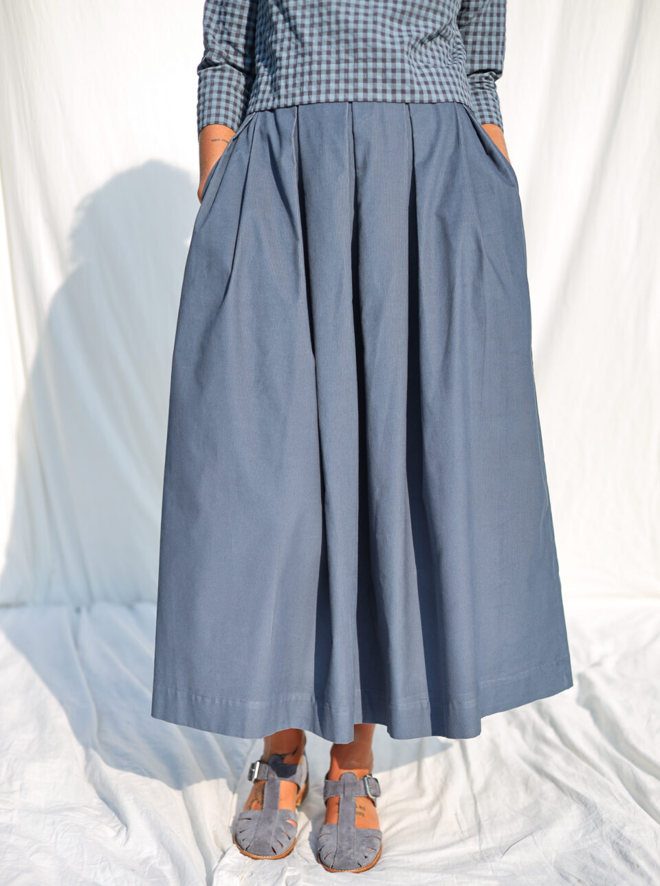 Needlecord Pleated Skirt in Duck Blue color | Skirt | Sustainable clothing | OffOn clothing