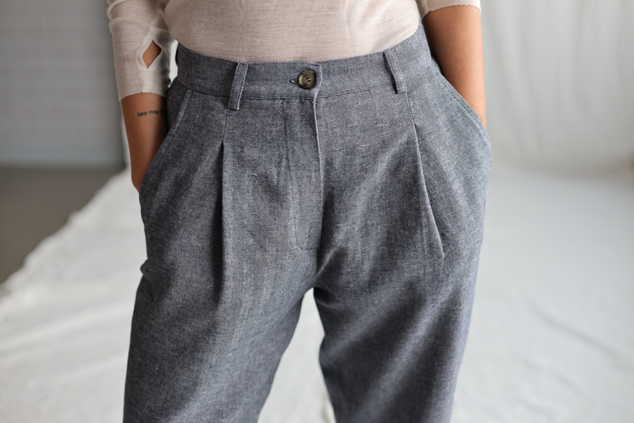 Lounge Trousers Ivory Herringbone Crease Resist Linen