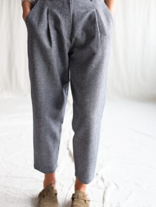 Herringbone wool and linen boxy tapered leg trousers | Trousers | Sustainable clothing | OffOn clothing