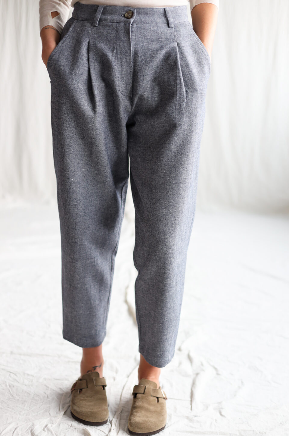 Herringbone wool and linen boxy tapered leg trousers | Trousers | Sustainable clothing | OffOn clothing