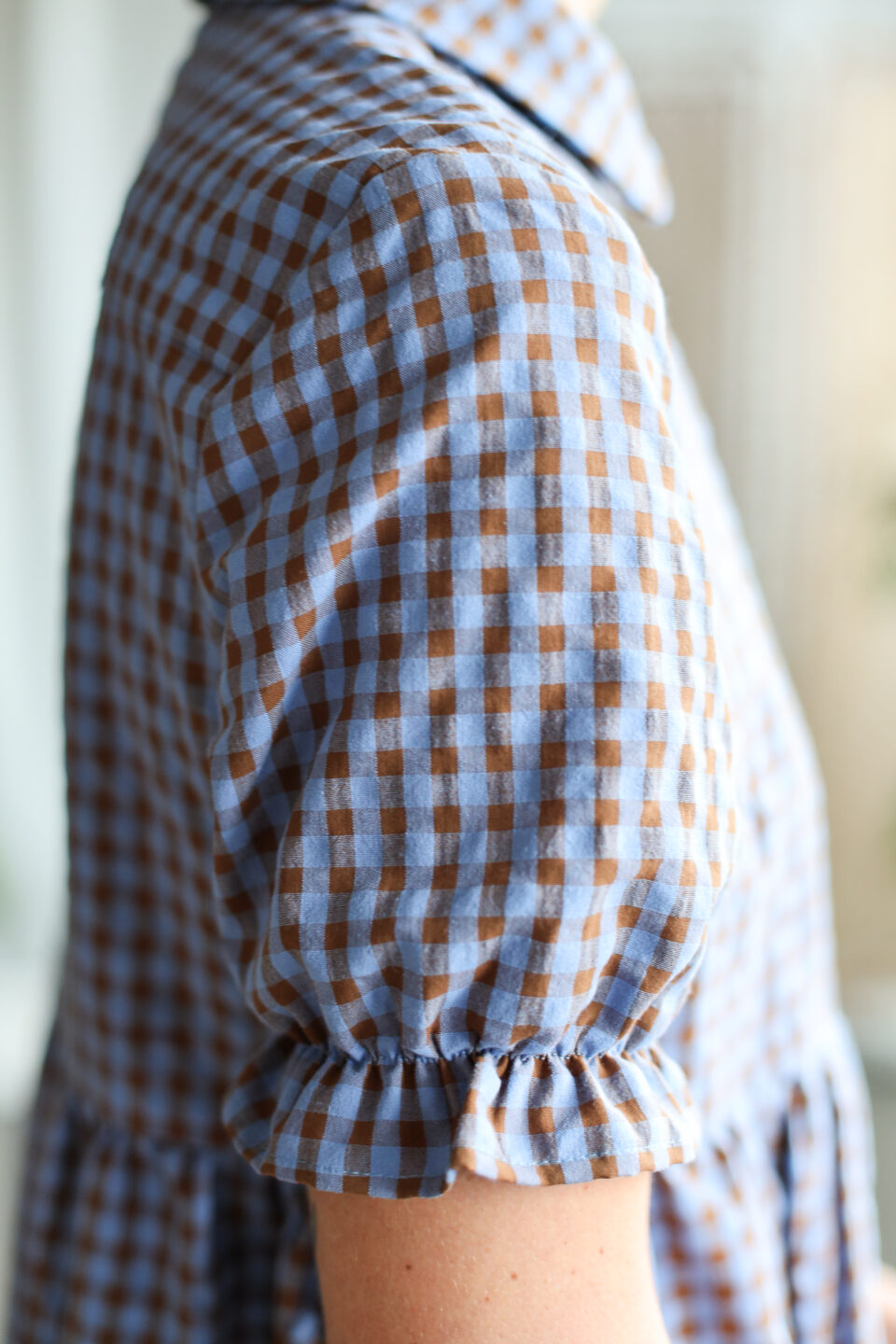 Peter Pan collar short ruffled sleeves dress in seersucker checks - Image 4