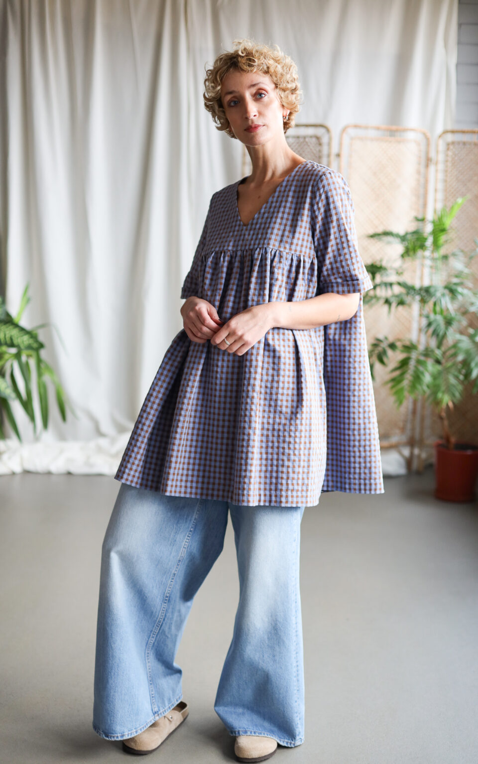 Mini smock tunic dress in blue bonnet seersucker checks CECILE - Image 1