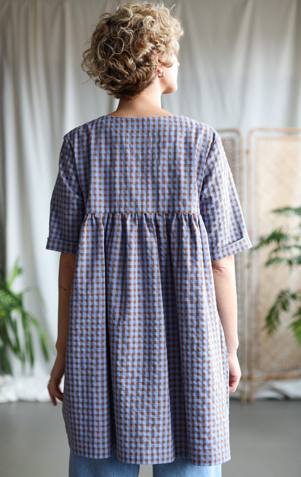 Mini smock tunic dress in blue bonnet seersucker checks CECILE - Image 2