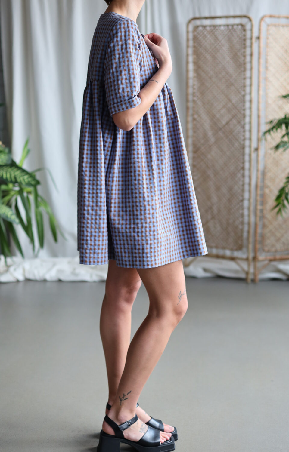 Mini smock tunic dress in blue bonnet seersucker checks CECILE - Image 5