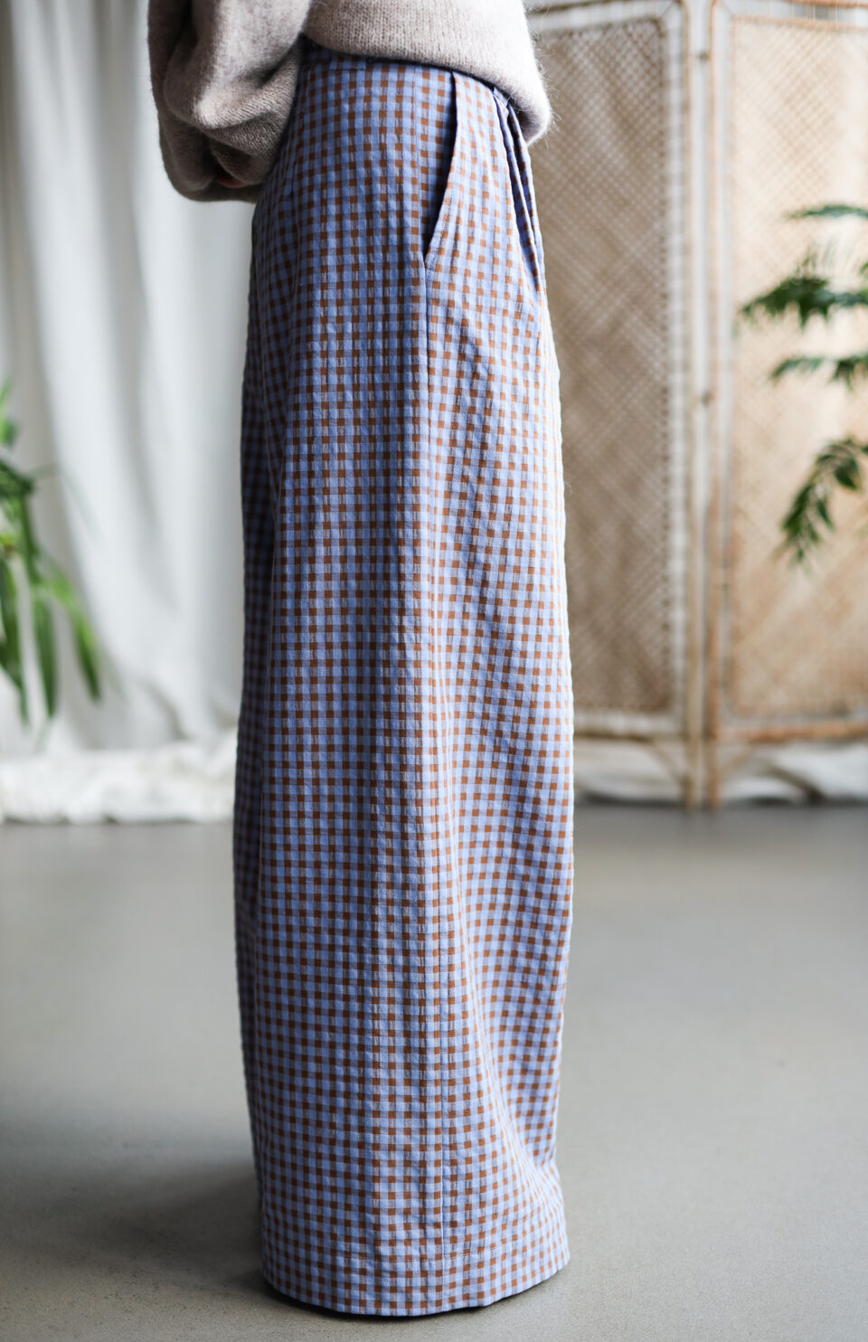 Wide leg palazzo trousers in seersucker checks | Trousers | Sustainable clothing | OffOn clothing