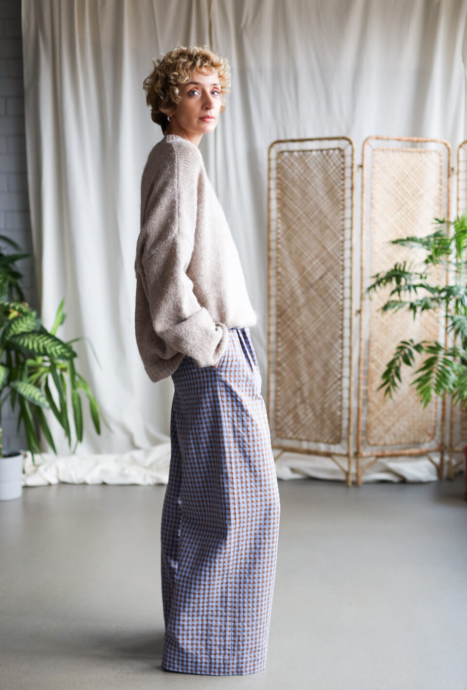 Wide leg palazzo trousers in seersucker checks - Image 1