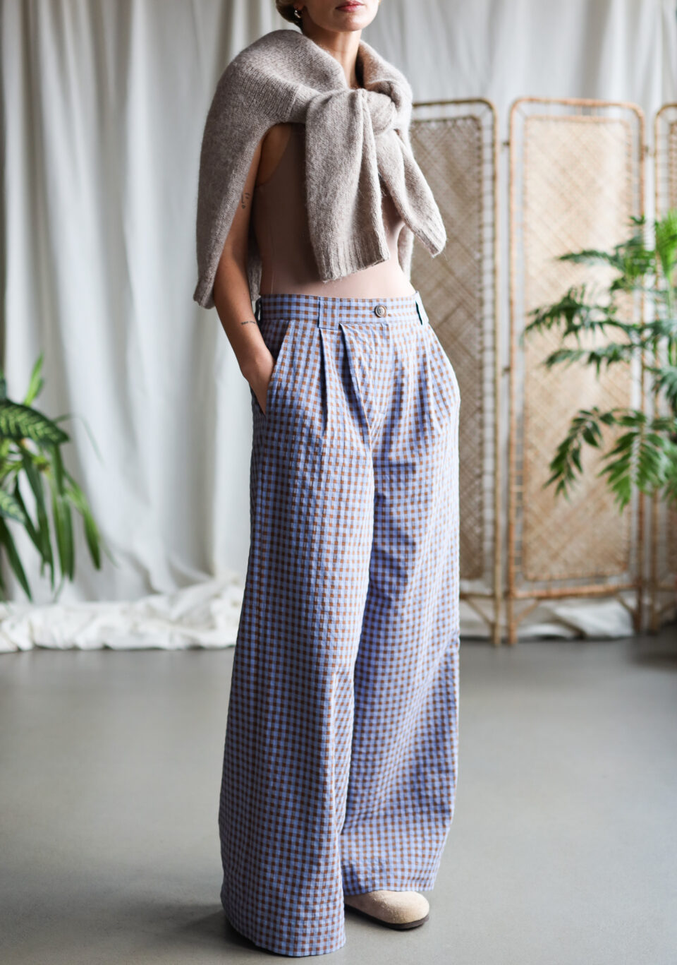 Wide leg palazzo trousers in seersucker checks