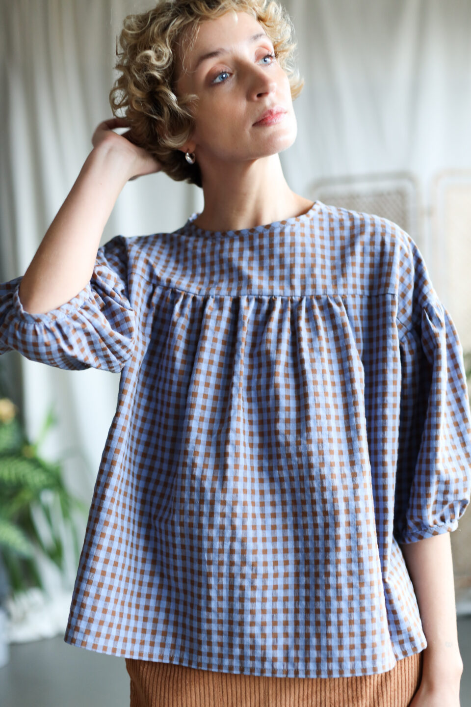 Dropped shoulders blouse LIA in blue bonnet seersucker checks - Image 1