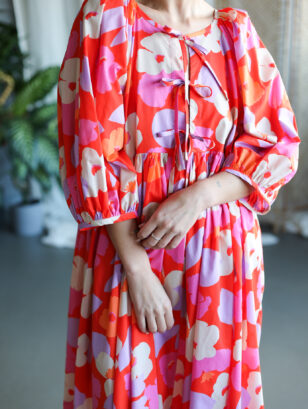 Reversible ruffled skirt dress with tie details in Bright Red floral Tana Lawn cotton | Dress | Sustainable clothing | OffOn clothing