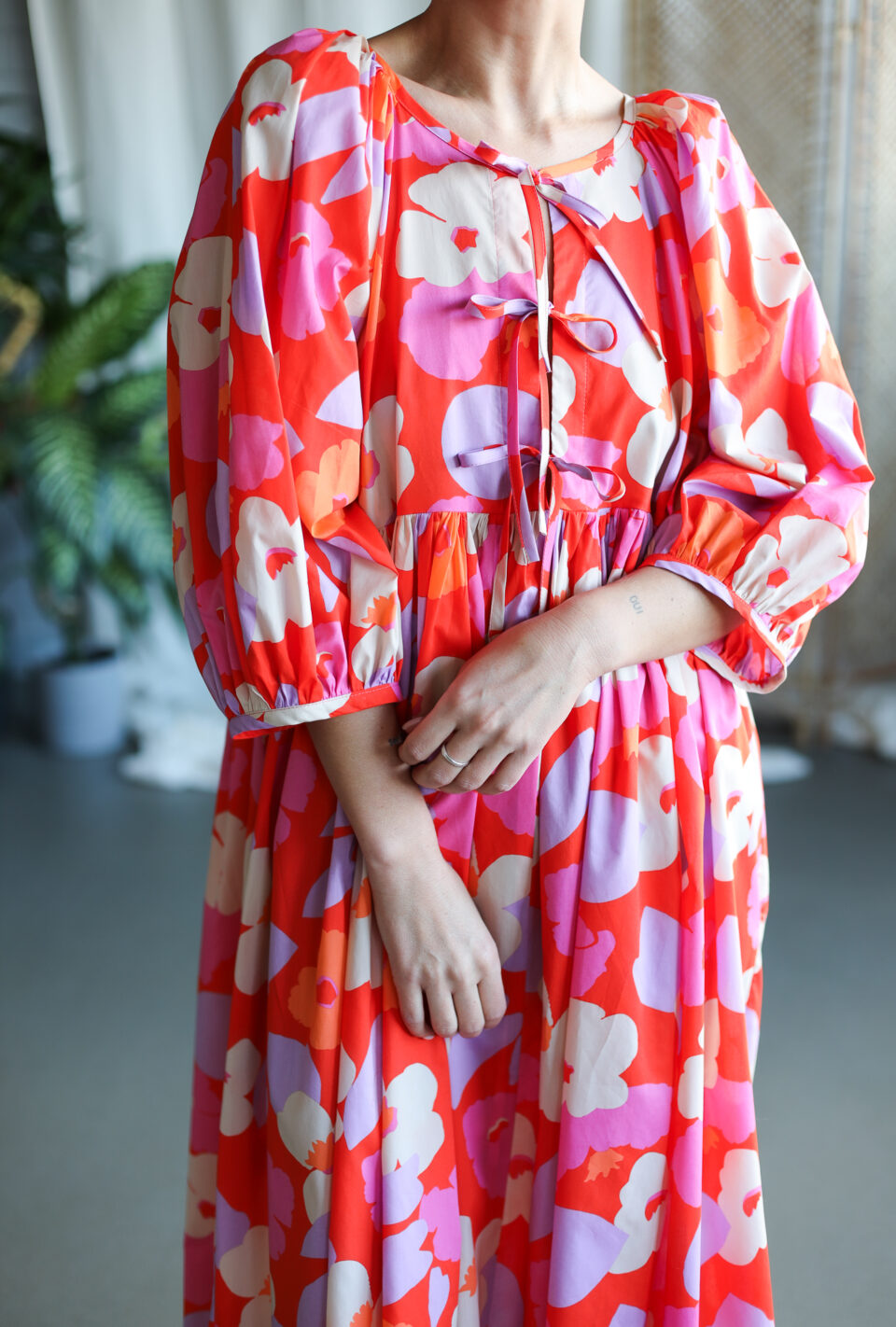 Reversible ruffled skirt dress with tie details in Bright Red floral Tana Lawn cotton | Dress | Sustainable clothing | OffOn clothing