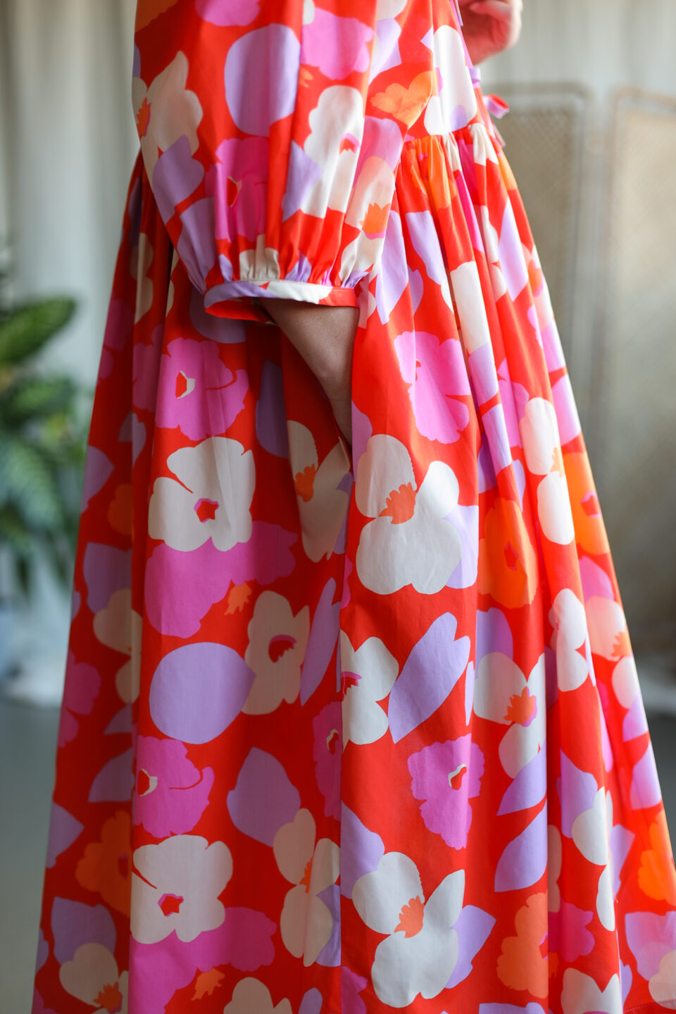 Reversible ruffled skirt dress with tie details in Bright Red floral Tana Lawn cotton - Image 7