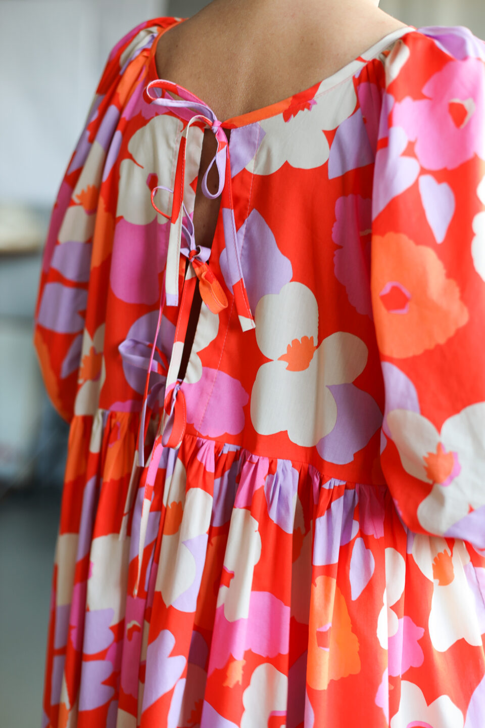 Reversible ruffled skirt dress with tie details in Bright Red floral Tana Lawn cotton - Image 4