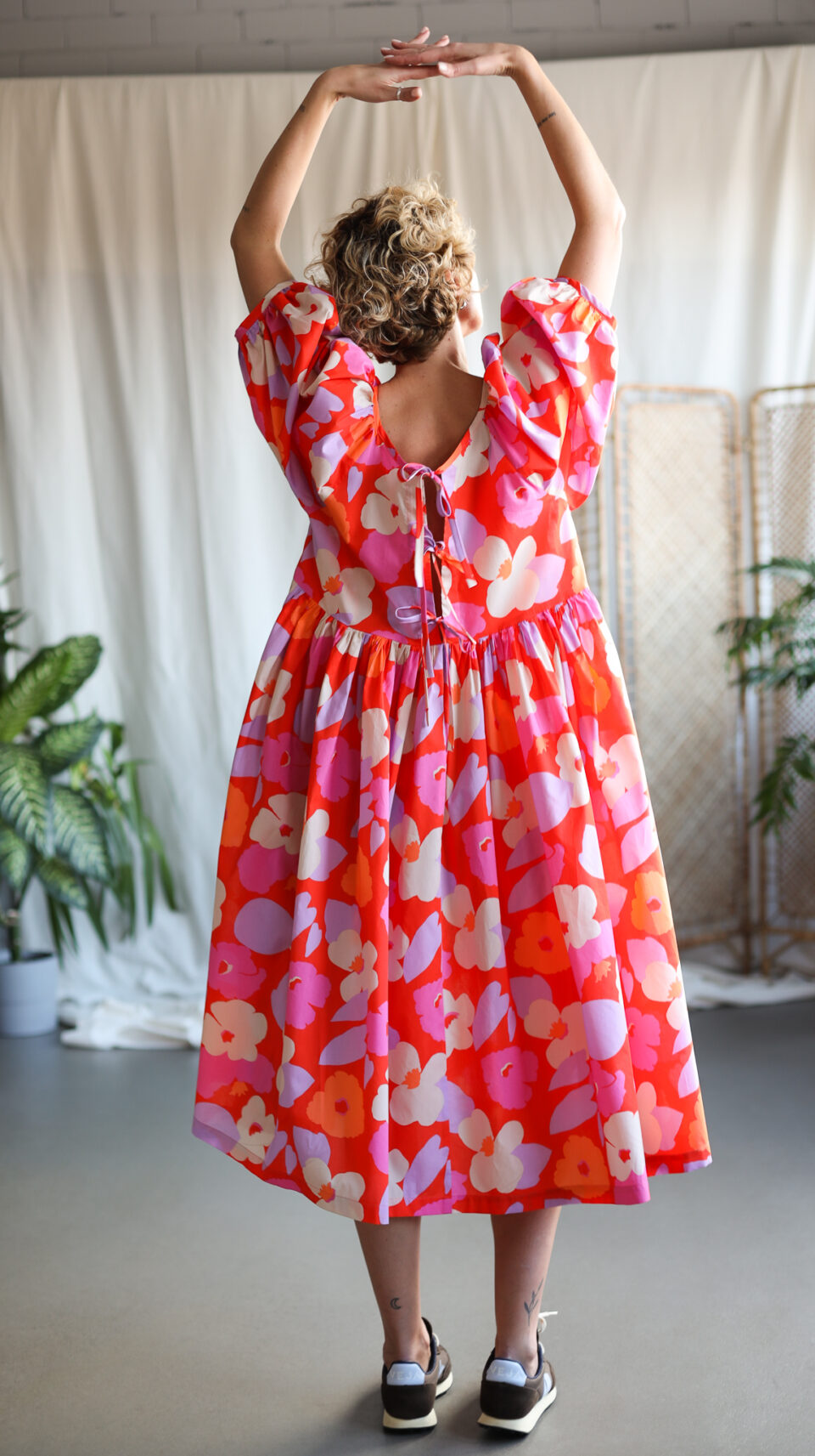 Reversible ruffled skirt dress with tie details in Bright Red floral Tana Lawn cotton - Image 5