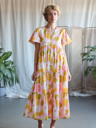 Pink tiered floral Maxi buttons through dress GINA | Dress | Sustainable clothing | OffOn clothing