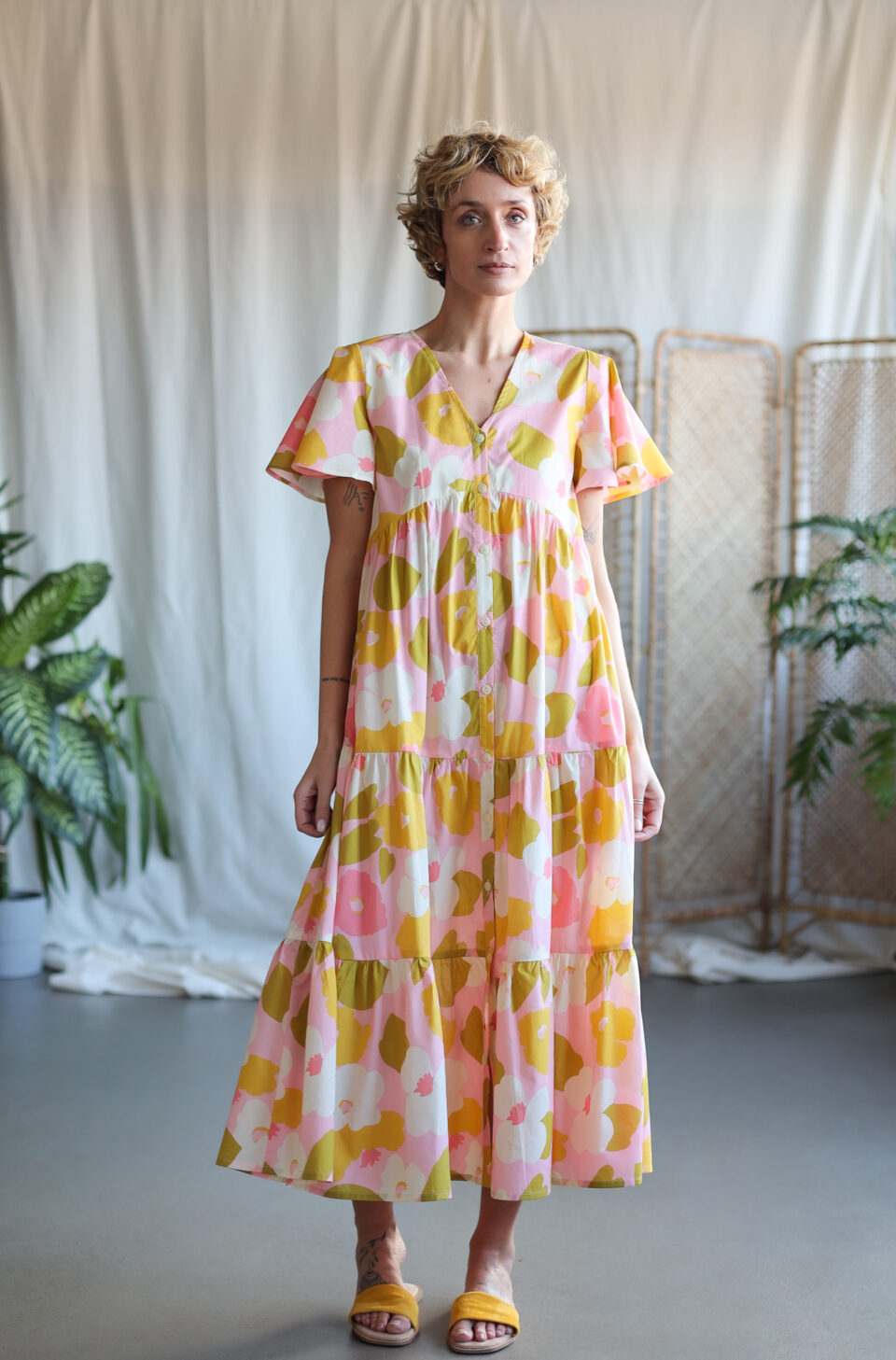 Pink tiered floral Maxi buttons through dress GINA | Dress | Sustainable clothing | OffOn clothing